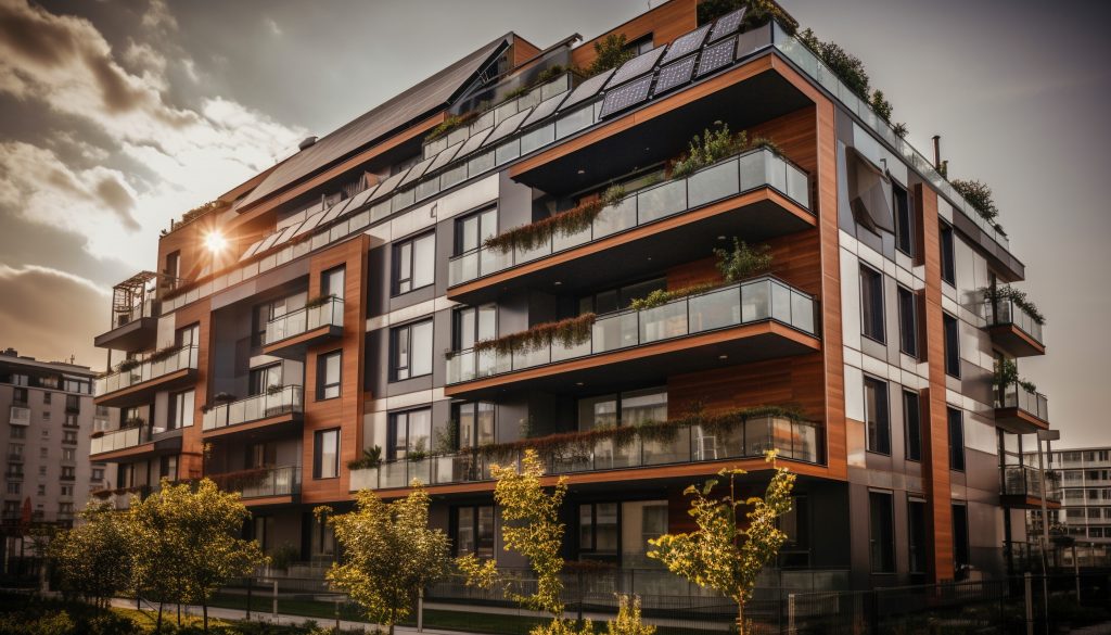 Modern luxury apartments reflect futuristic urban growth generated by artificial intelligence